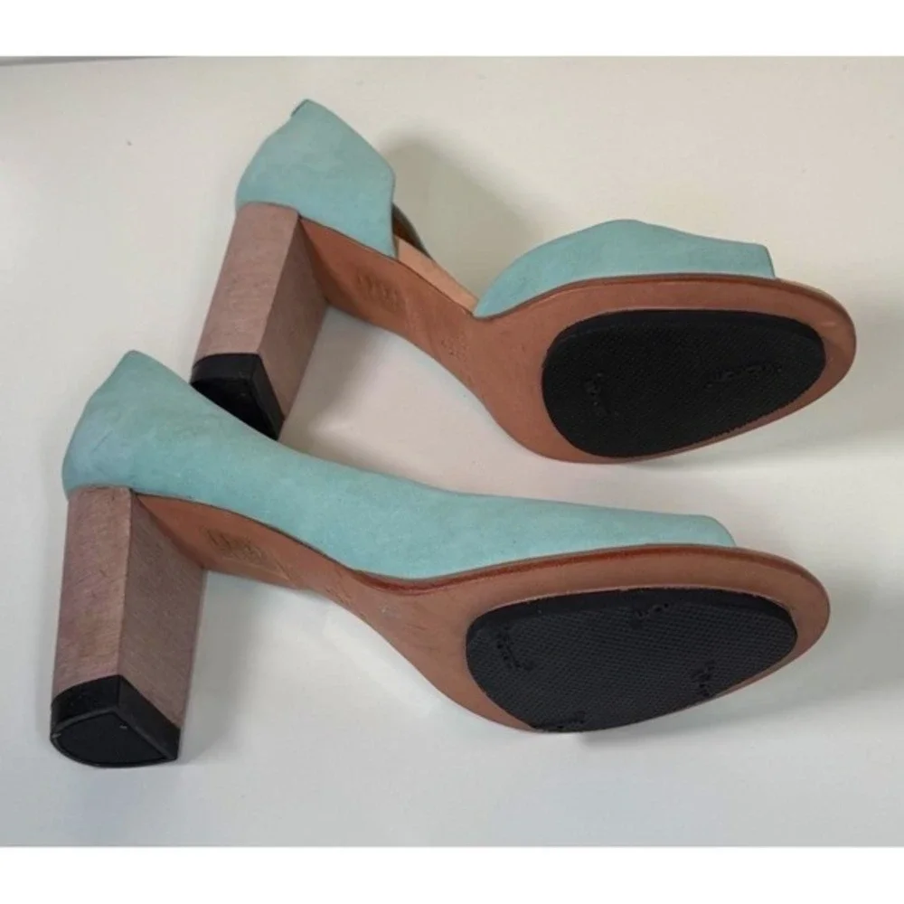 Masiero Aqua Blue Nubuck Leather Peep Toe D'Orsay Block Heels 11‎ Wedding 81-02